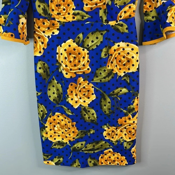 SHELBY & PALMER Polka Dot Rose Pattern Midi Dress Gold Royal Blue Flute Sleeve 6 - Picture 6 of 13